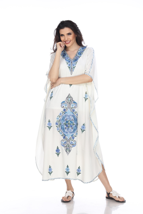 Kaftan Dress (White with Blue Flowers)