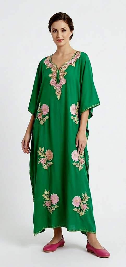 Kaftan Dress (Green with Pink Flowers)