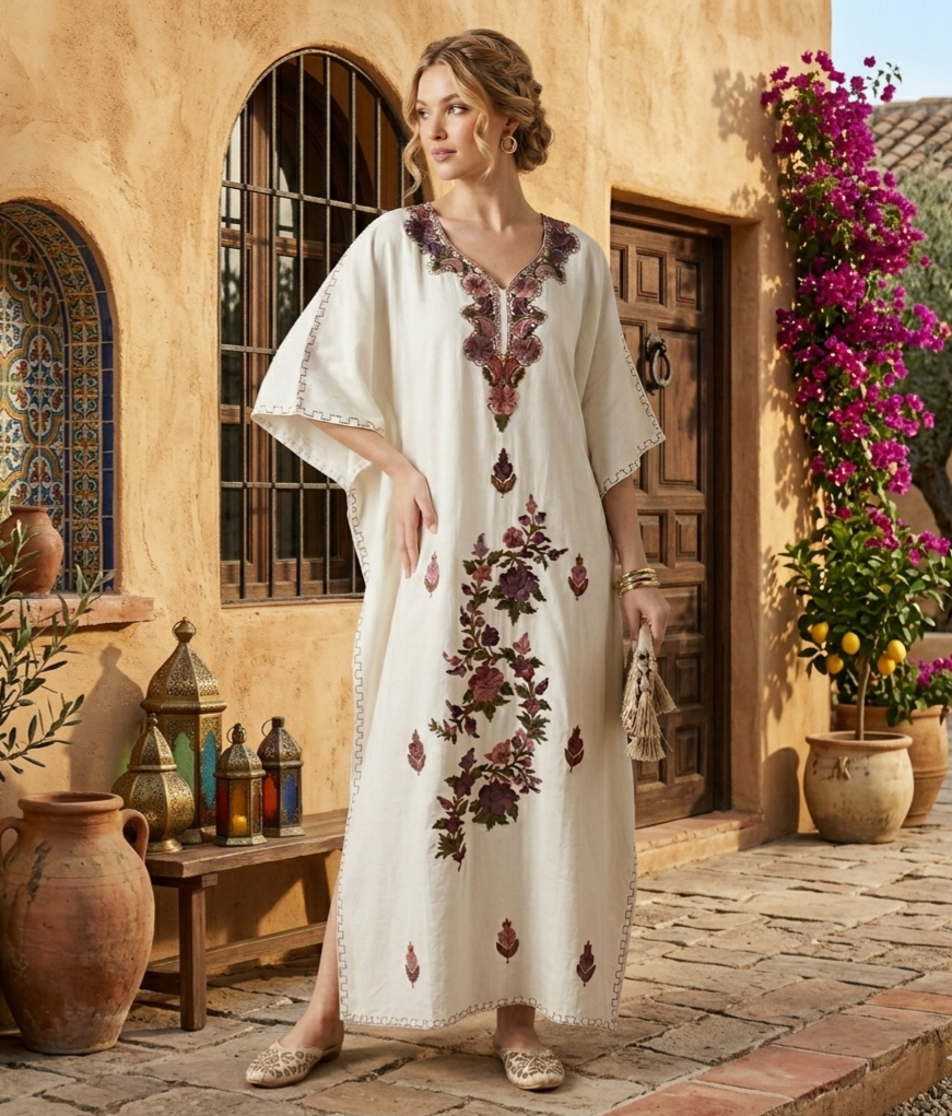 Kaftan Dress (White with Peach Hand Embroidered Flowers)
