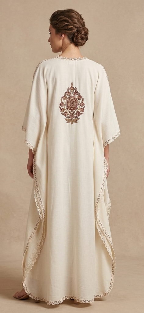 Kaftan Dress (White with Peach Hand Embroidered Flowers)