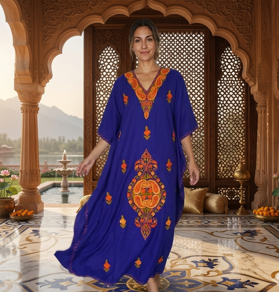 Kaftan Dress (Royal Blue with multi color Embroidered Flowers)