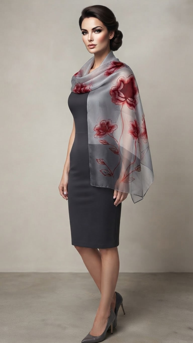Corsica (Gray with Red Flowers) Scarf
