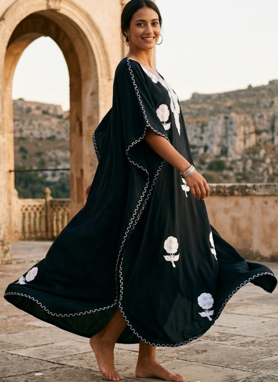 Kaftan Dress (Black with White Flowers)