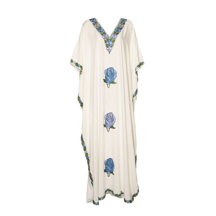 Kaftan Dress (White with Blue Roses)