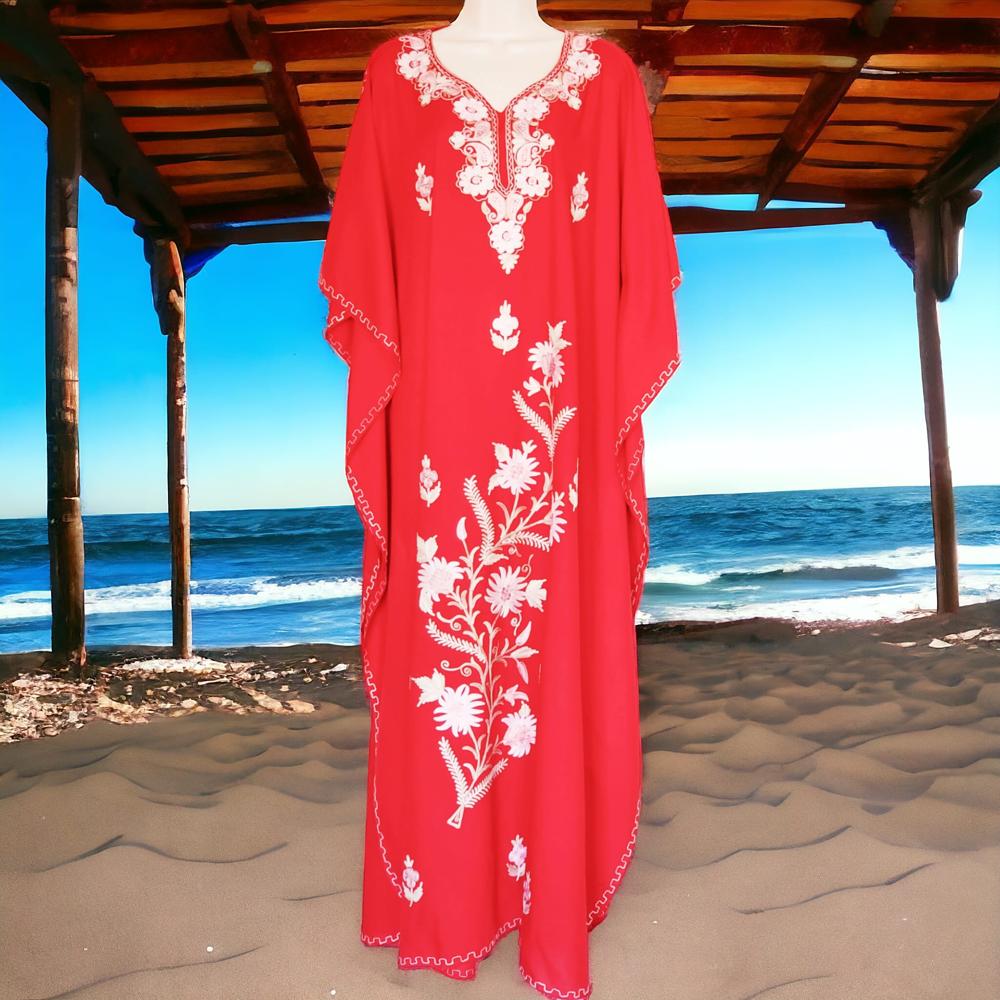 Kaftan Dress (Red with Multi Hand Embroidered Flowers)