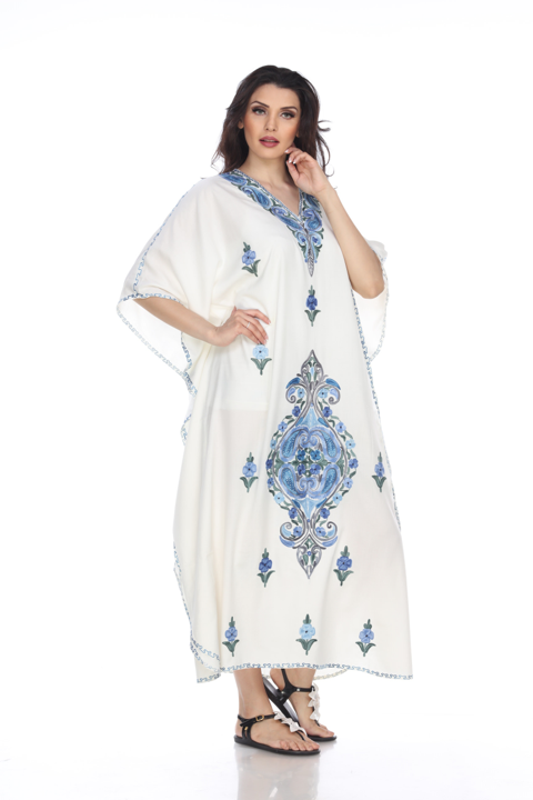 Kaftan Dress (White with Blue Flowers)