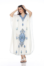 Load image into Gallery viewer, Kaftan Dress (White with Blue Flowers)
