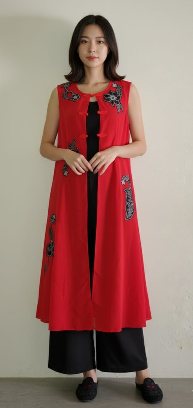 Red Dress coat made from Georgette with hand embroidered Applique.