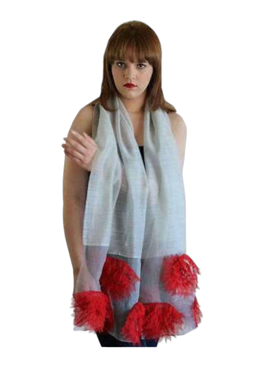 Light Gray with Red Sheer Flowers Scarf