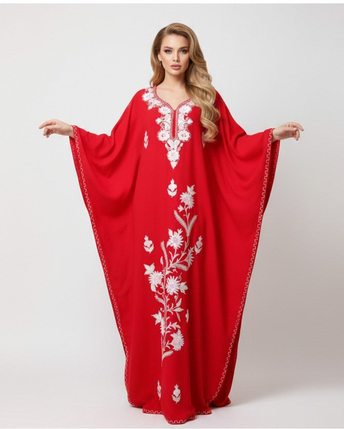 Kaftan Dress (Red with Multi Hand Embroidered Flowers)