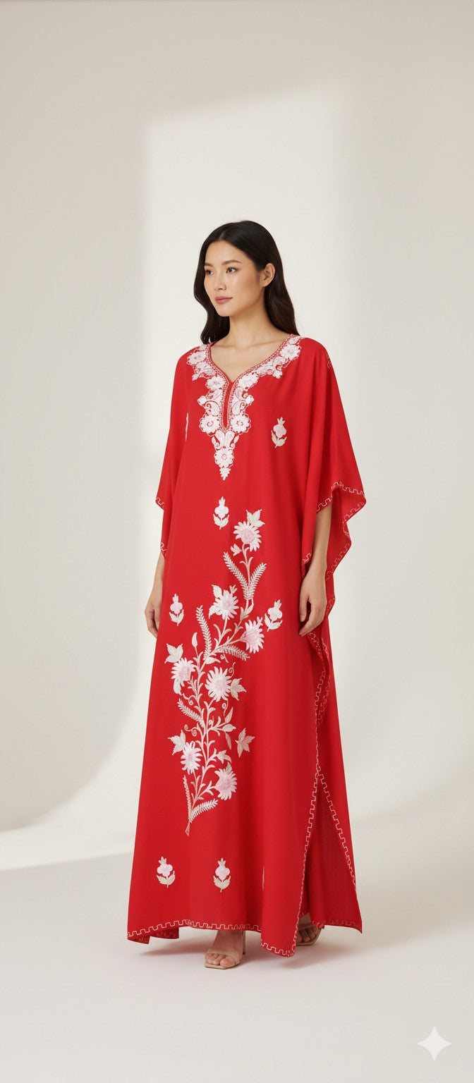 Kaftan Dress (Red with Multi Hand Embroidered Flowers)