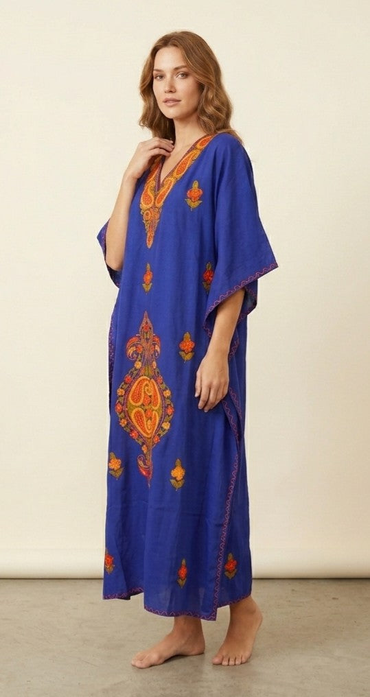 Kaftan Dress (Royal Blue with multi color Embroidered Flowers)