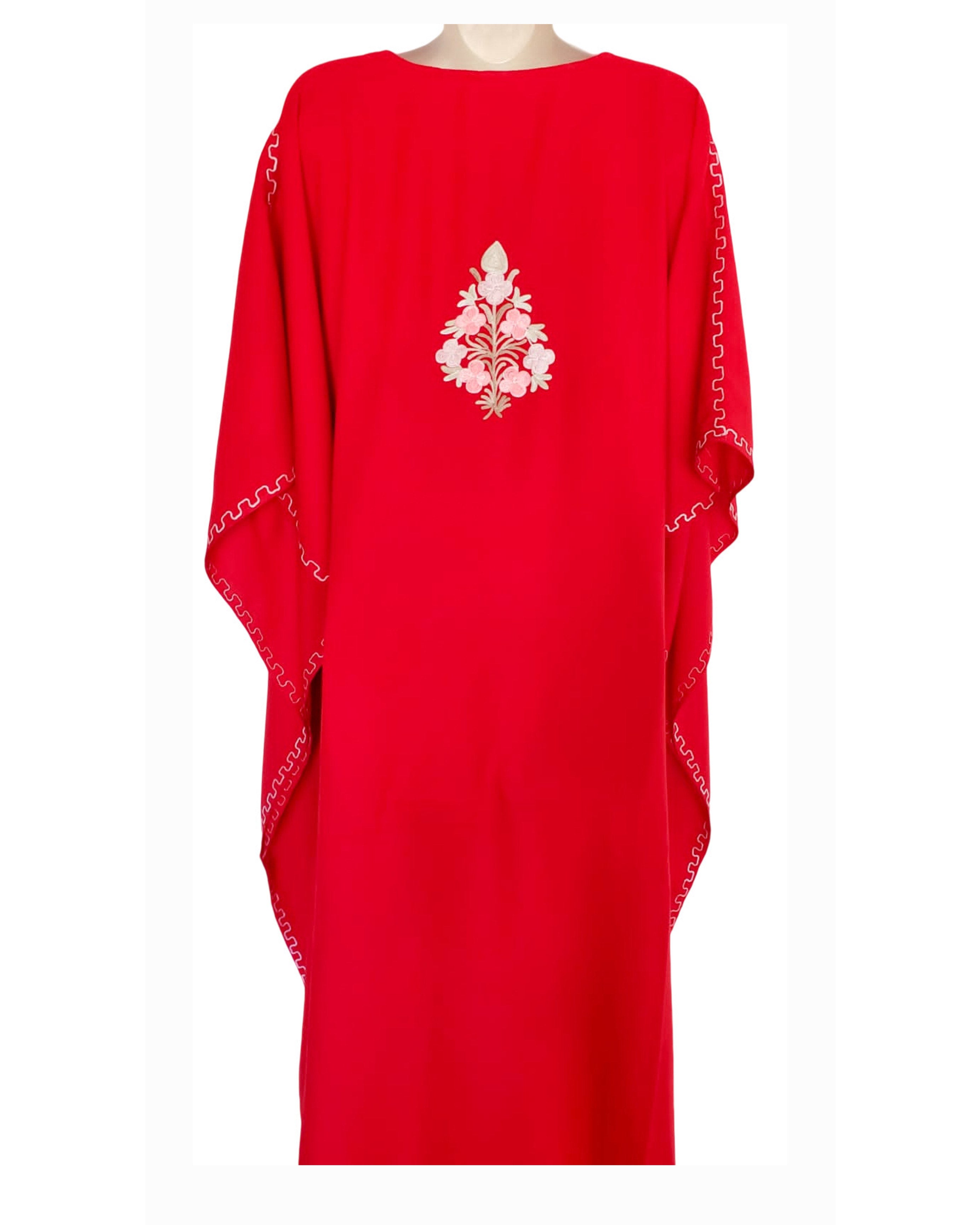 Kaftan Dress (Red with Multi Hand Embroidered Flowers)