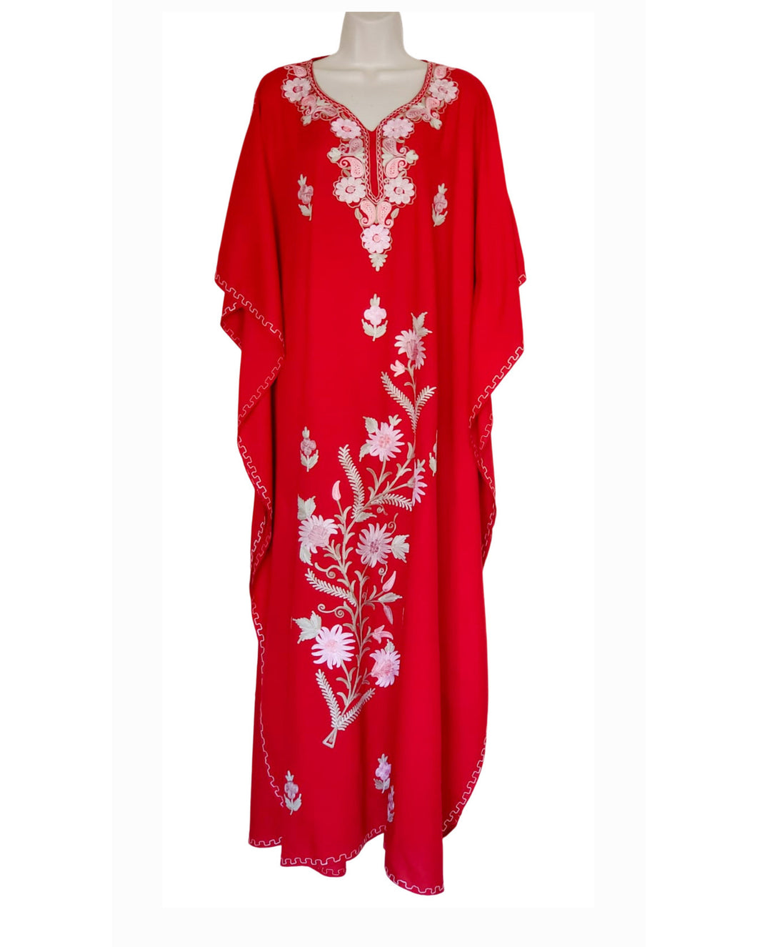Kaftan Dress (Red with Multi Hand Embroidered Flowers)