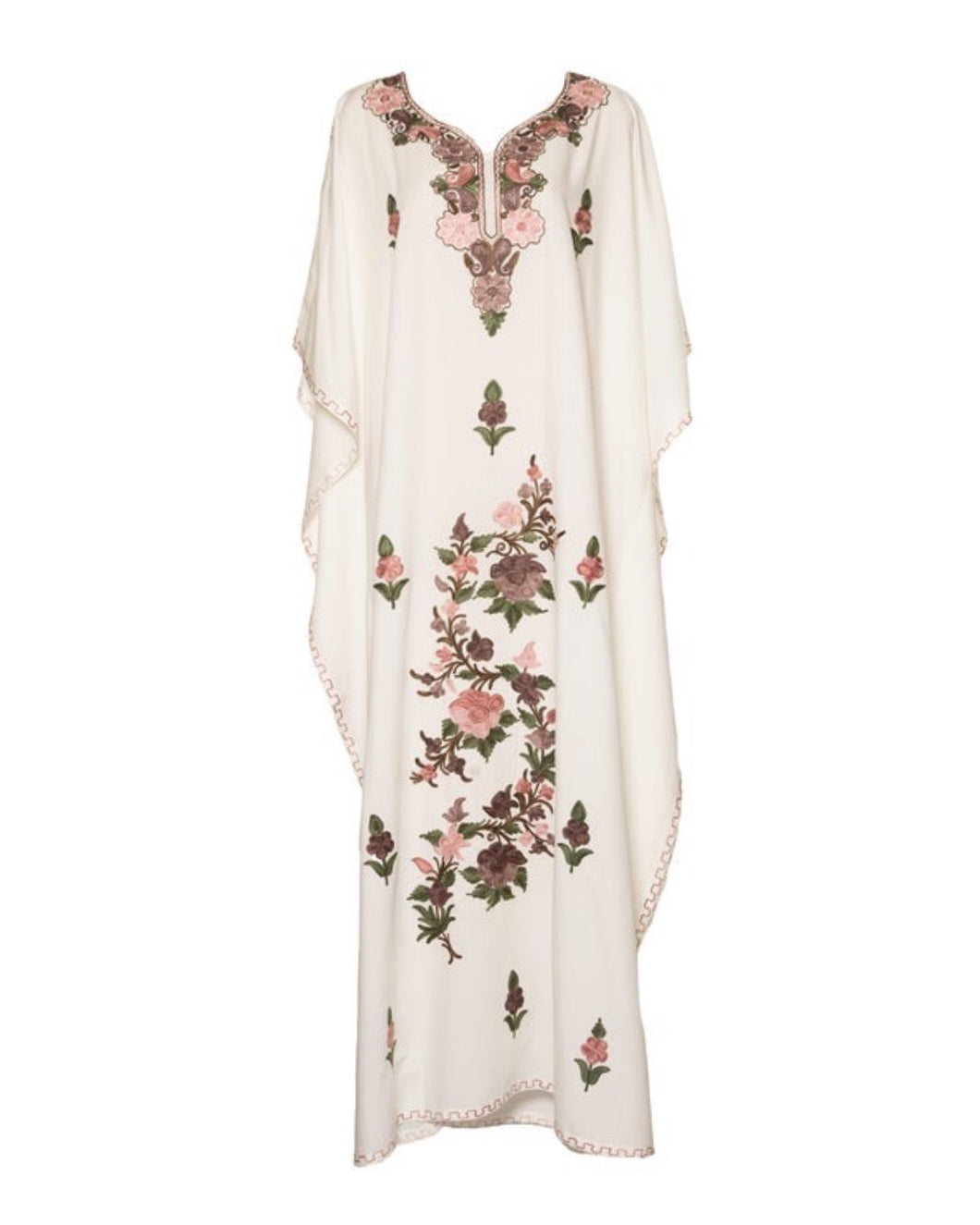 Kaftan Dress (White with Peach Hand Embroidered Flowers)