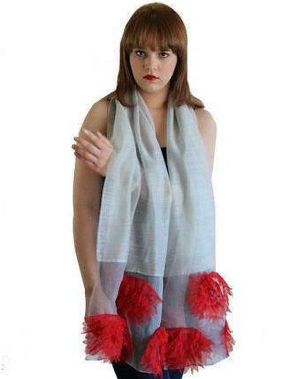 Light Gray with Red Sheer Flowers Scarf