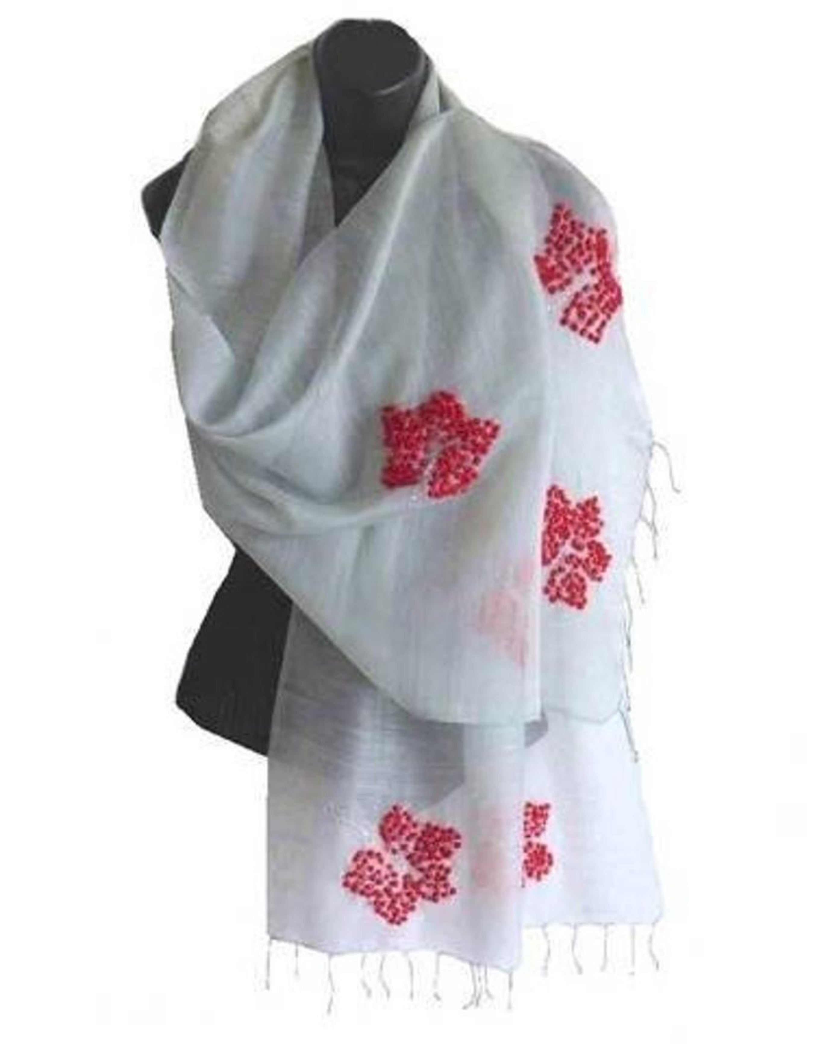 Hibiscus in Gray with Red Flowers Scarf